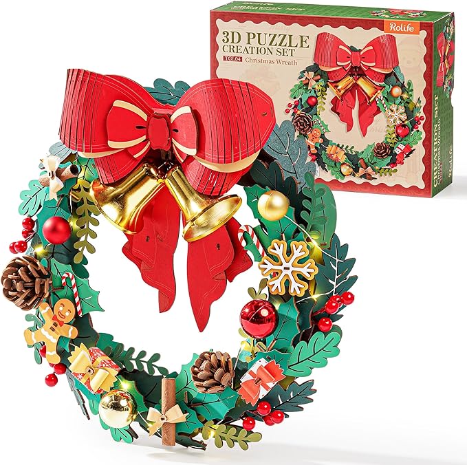 Rolife 3D Puzzles for Adults Christmas Wreaths for Front Door, Artificial Eucalyptus Wreath for All Seasons, Indoor and Outdoor Wreath with Red Bow&Golden Bell, LED for Christmas Decor (16in, 252pcs)