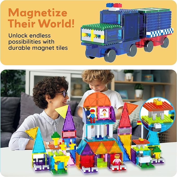 PicassoTiles Magnetic Building Blocks Brick Tiles STEM Creative Magnet Tiles Add Ons Set Construction Toy Socket Spikes Accessory Toys Educational Imaginative Learning Kit Stacking Set Toddlers Colors