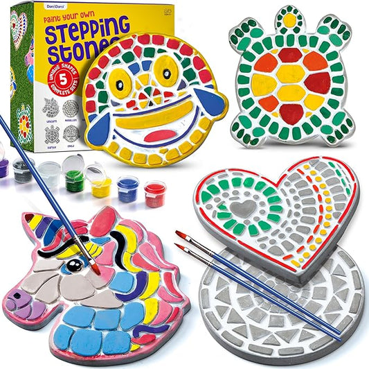 Dan&Darci Stepping Stones Painting Kit for Kids - Outdoor Crafts - Paint 5 Garden Stone - Unicorn Craft Kits for Boys, Girls Ages 6-12 - Gifts for Boy, Girl Age 6, 7, 8, 9, 10 + Year Old - Summer Gift