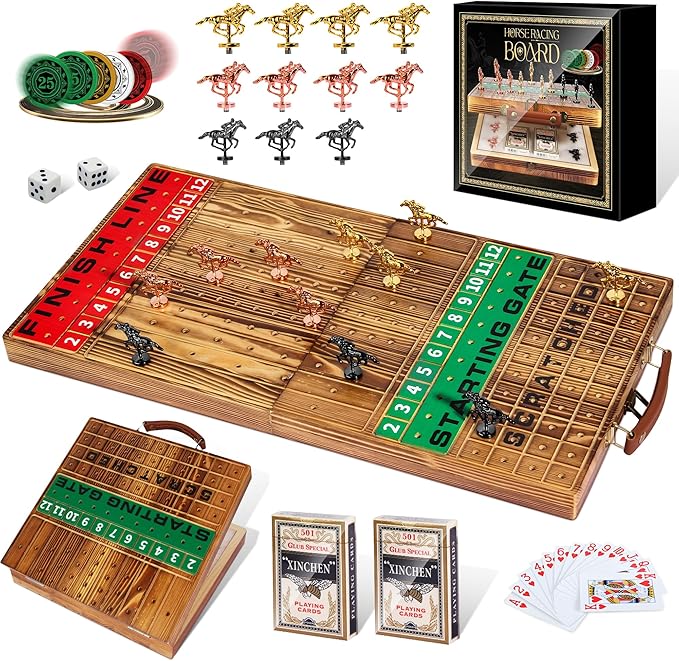 Large 22.8 inches Foldable Horse Race Board Game for Adults, Thickened Solid Wood with 11 Luxurious Durable Classic Metal Horses, 143 Chips, 2 Dice, 2 Boxes of Cards