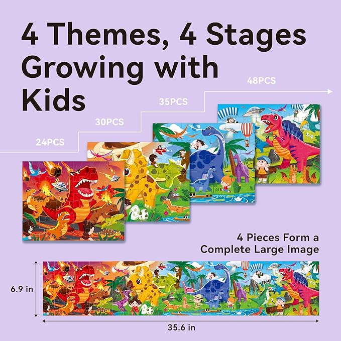 Dotimo 4-Pack Dinosaur Puzzles for Kids Ages 3-5, Progressive Learning Puzzles with Storage Box – 24/30/35/48 Piece Educational Games for Toddlers, Family Activities & Gifts