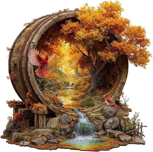 Wooden Puzzles for Adults, Scenery in Barrel Wooden Jigsaw Puzzle, Unique Shape Wood Puzzles Adult, Presents for Women and Men, Wall Art Home Decor (L-13.3 * 13.2in-300 Pieces)