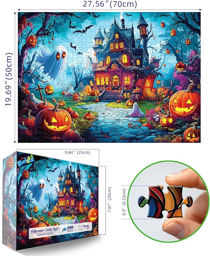 Halloween Jigsaw Puzzle 1000 Pieces for Adults - Haunted House Scene with Jack-o'-Lanterns, Ghosts & Bats - Spooky Night Sky Puzzle - Challenging 1000-Piece Jigsaw for Adults & Teens