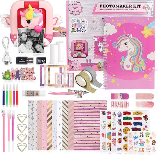 FINcredible Photomaker Kit - Instant Print Camera for Kids Plus DIY Journal Kit for Girls - 150 Pcs Tween Journal & Camera for Girls - 6 7 8 9 10 11 12 13 14 Year Old Girl (Unicorn)