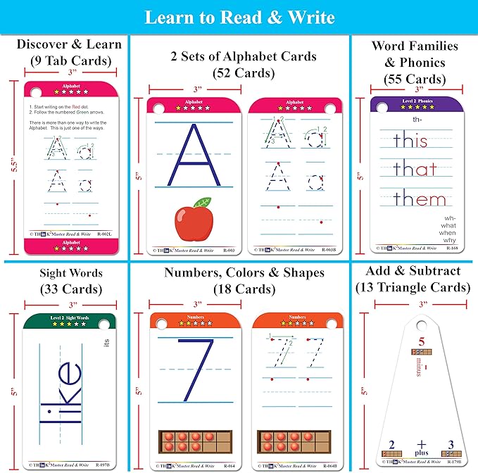 THINK2MASTER Premium 186 Laminated Alphabet, Sight Words & Phonics Flash Cards for Pre K & Kindergarten. (Bonus: 2 Dry Erase Markers, 5 Rings). Learn to Read, Write, Count, Add & Subtract Numbers.
