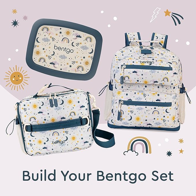 Bentgo Kids Backpack - Lightweight 14” Backpack in Fun Prints for School, Travel, & Daycare, Ideal for Ages 4+, Roomy Interior, Durable & Water-Resistant Fabric, & Loop for Lunch Bag (Friendly Skies)