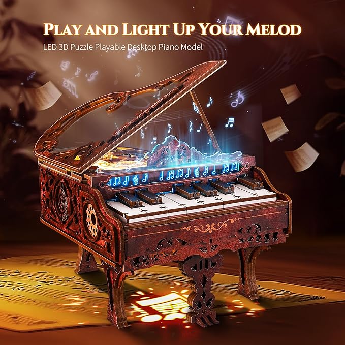 3D Wood Puzzle Piano Kit, Playable Wooden Keyboard Model with LED Lights, Interactive Craft Kit & Digital Piano Puzzle for Adults and Kids(with LED