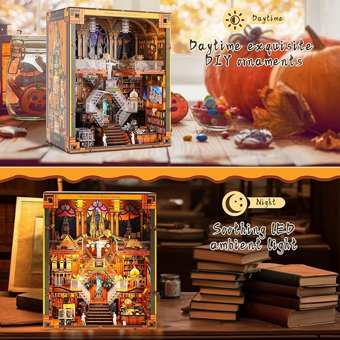 Book Nook Kit for Adults - DIY World Library Booknook, 3D Wooden Dollhouse Puzzle with LED Lights, Miniature Bookshelf Decor for Home Libraries