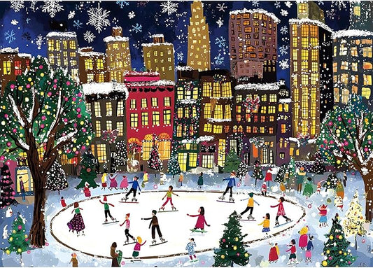 1000 Piece Puzzle for Adults Christmas Winter Ice Skating Cityscape Night City Beautiful Scene with Snow & Lights, Festive Holiday Jigsaw Puzzles Challenging Puzzle for Holiday Decor