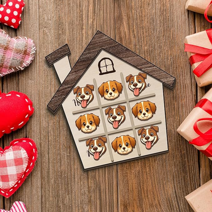 Personalized Dog XO Board Game, Personalized Cute Dog Wooden Noughts and Crosses Game, Pet Table Decor Road Trip Travel Game for Family (Dog 1)