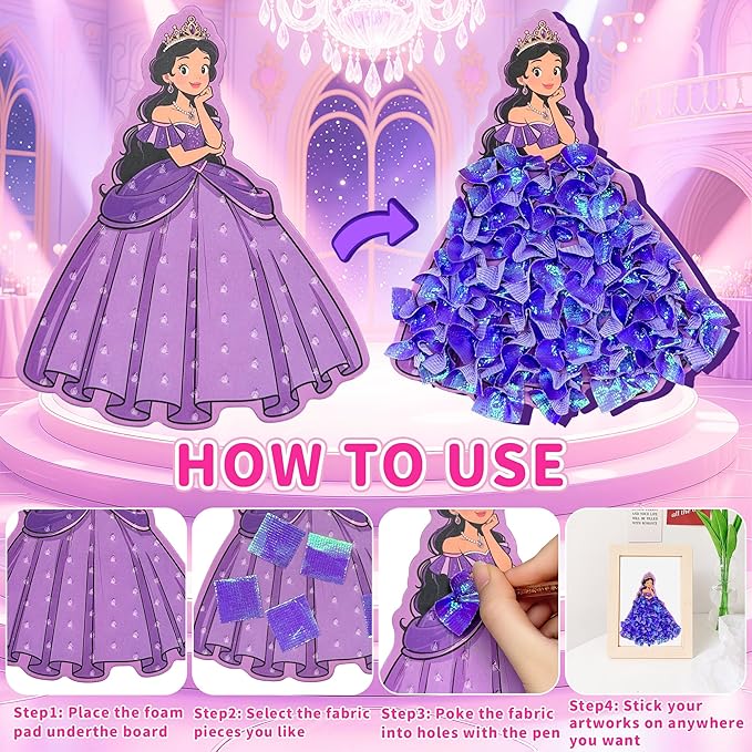 8 Pcs Poke in Crafts Art Kits for Girls, Fashion Princesses DIY Mess Free Kids' Paper Craft Kits, with 700+ Fabric Squares, 6 Foam Princesses, 2 Crowns - Birthday Gift, Creative Gift for Kids