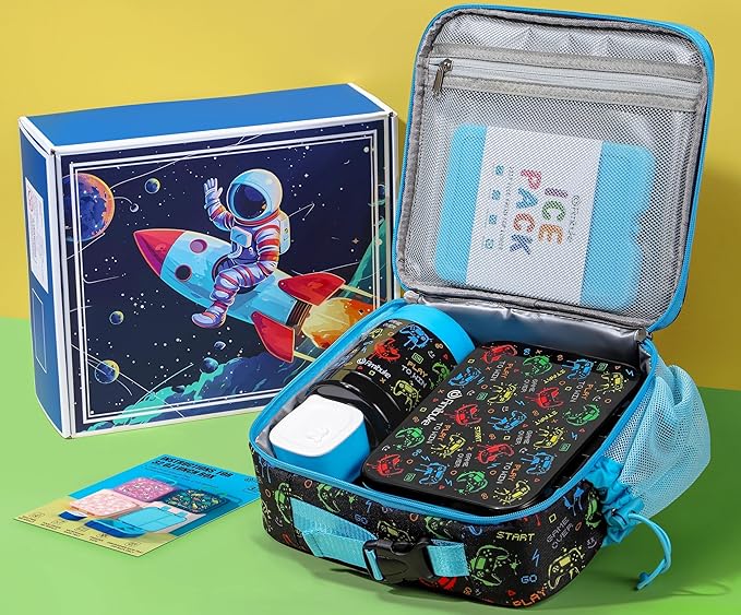 Fimibuke Bento Lunch Box for Kids with Thermos, 3-Compartment 32OZ Snack Lunch Container, Lunch Bag, 12OZ Insulated Food Jar & Ice Pack Set for Age 3-12 School Daycare Toddler Teen Girls Boys, Gamepad