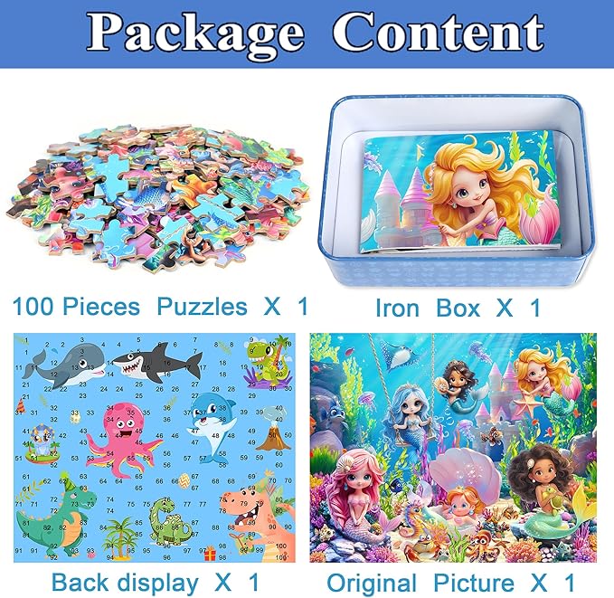 Mermaid Princess Puzzles for Kids Ages 4-8, 100 Pieces Jigsaw Puzzles for Kids Ages 3-5 Puzzle for Girls and Boys Learning Educational Puzzles Toys in a Metal Box