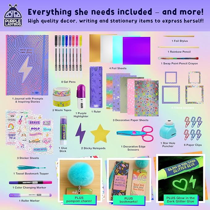 PURPLE LADYBUG Rebel Girls DIY Journal Kit - 50+ Crafting Accessories, Journaling Kit for Girls Ages 8-12, Ideal Birthday Gift for 8-12 Teens and Tweens, Empowering Creativity & Self-Expression