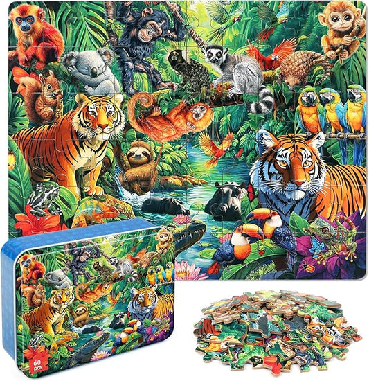 LELEMON Puzzles for Kids Ages 4-6, Jungle Puzzle 60 Piece Puzzles for Kids in a Metal Box, Educational Kids Puzzles Jigsaw Puzzles Childrens Puzzle Games Puzzle Toys for Girls and Boys