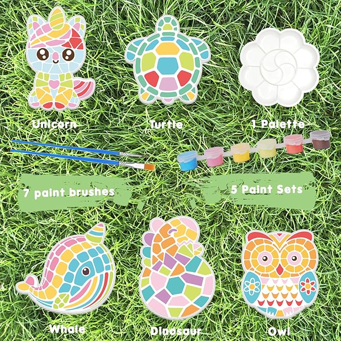 QANIY Stepping Stones Painting Kit for Kids, 5 Pack Outdoor Garden Stone Crafts, Kids Craft Paint Kits for Boys Girls Birthday Party Gift Toy Ages 3+