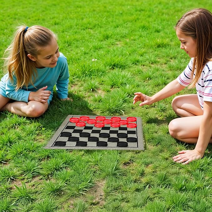 Bolaball 3-in-1 Checkers, Tic Tac Toe Jumbo Game, Reversible Carpet, Indoor Outdoor Yard Board Game for Family and Friends with 24 Chips (Large Checker)