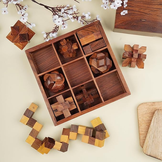 Ajuny 9-in-1 Wooden Puzzle Game Set 3D Brain Teasers Puzzles IQ Logic for Teens and Adults Handmade Interlocking Kongming Lock Game with Decorative Storage Box Unique Gift for Christmas and Birthdays