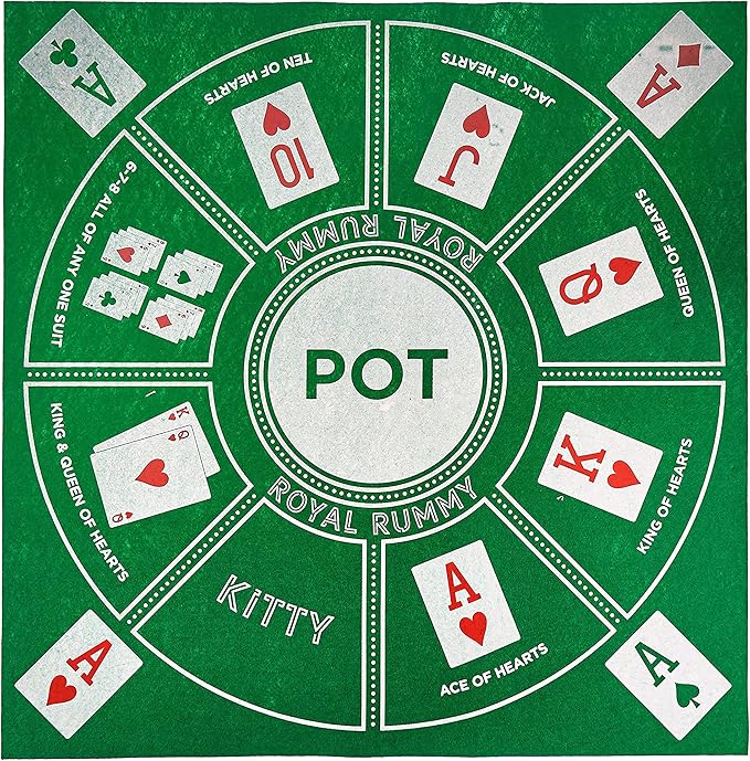 MBGBrybelly Royal Rummy Play Mat - 24" x 24" Green Felt Mat - Classic Family Casino Card Games of Bets and Bluffs - for Fans of Poker, Michigan Rummy, and Rummy Games - 30+ Min Gameplay, 2-9 Players