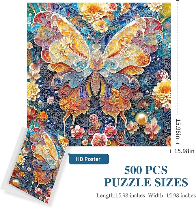 ALL4JIG Butterfly Fun Jigsaw Puzzles for Adults and Kids, 500 Pieces, 15.98" x 15.98", Christmas Secret Santa Gift, White Elephant Gifts, Number Partitioned for Easy Solving
