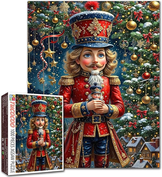 1000 Piece Jigsaw Puzzles for Adults Christmas Nutcracker Painting Jigsaw Puzzle 1000 Pieces Xmas Trees Puzzles 20''x27”inch Snowy VillageDIY Craft Puzzle Art Wall Decor Family Challenging Game