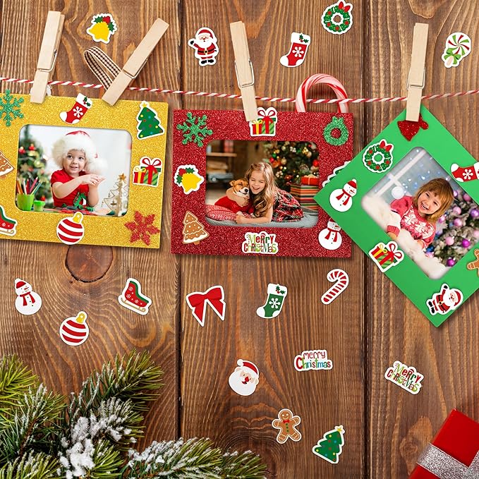 Fovths 24 Packs Christmas Foam Picture Frame Kits DIY Christmas Frame Crafts Picture Craft with 300 Self Adhesive Stickers for Xmas Party Favors Birthday Home Decor