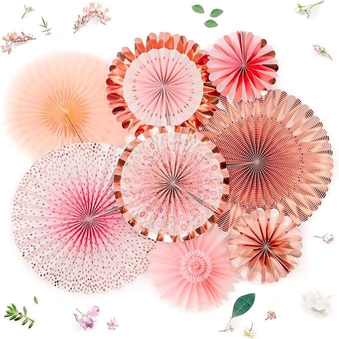 PapaKit Origami Wall Decoration Set (8 Assorted Round Paper Fans) Birthday Party Baby Shower Wedding Events Decor | Creative Art Design Pattern (Lustrous Pink Coral with Metallic Rose Gold)