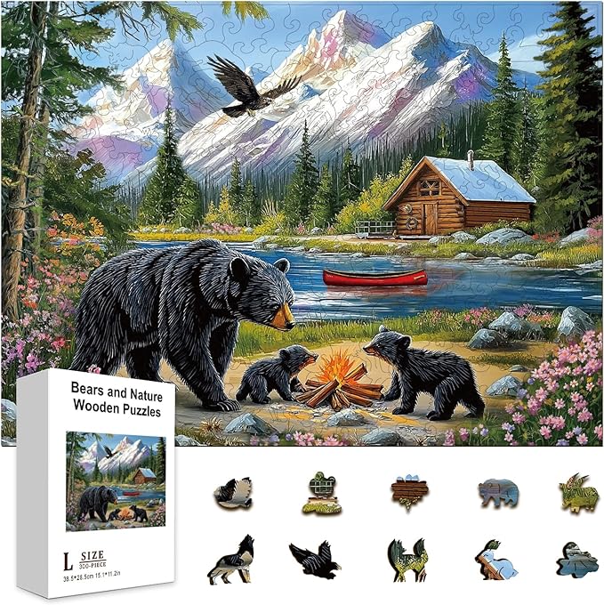 GLOBLELAND 300Pcs Bears and Nature Wooden Jigsaw Puzzles for Adults 11.22x15.16inch Colorful Landscape Wood Puzzles for Holiday Birthday Gifts