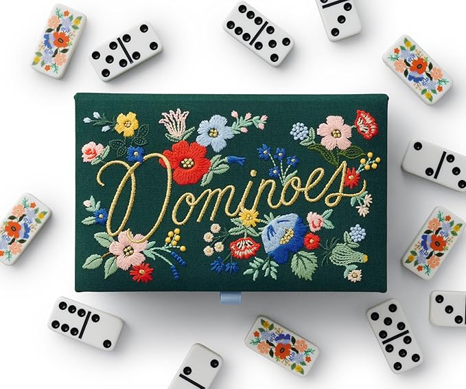 RIFLE PAPER CO. Dominoes Set | 28 Dominoes with Illustrated Designs, Packaged in Embroidered Keepsake Box, Includes Instruction Card for Games, Strawberry Fields