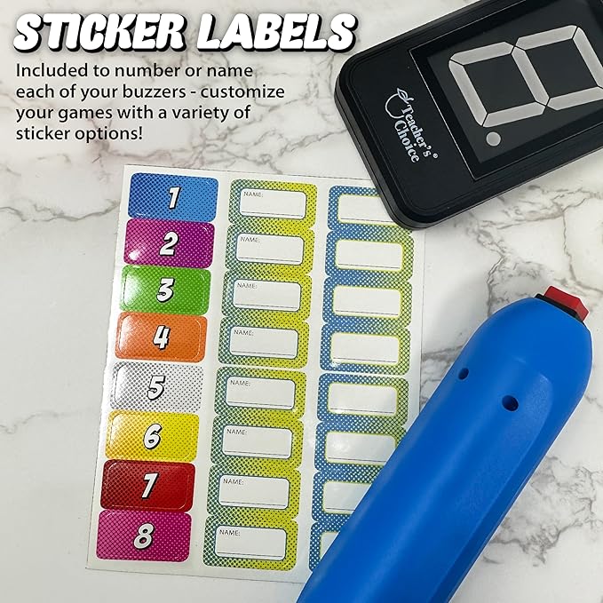 Teacher's Choice 8 Player Wireless Handheld Game Buzzer System - Displays First Buzz-in - Great for Jeopardy, Family Feud, Trivia and Buzzer Games - Console with 8 Joystick Buzzers, 8 Unique Sounds