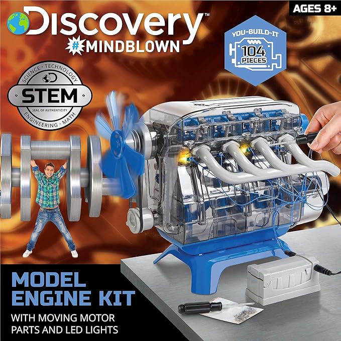 Discovery Model Engine Building Kit, DIY 4-Cylinder Combustion Engine, Working Pistons Fan Valves Belts LED Lights, STEM Mechanic Engineering Construction Experiment Set, Kids & Adults Gift