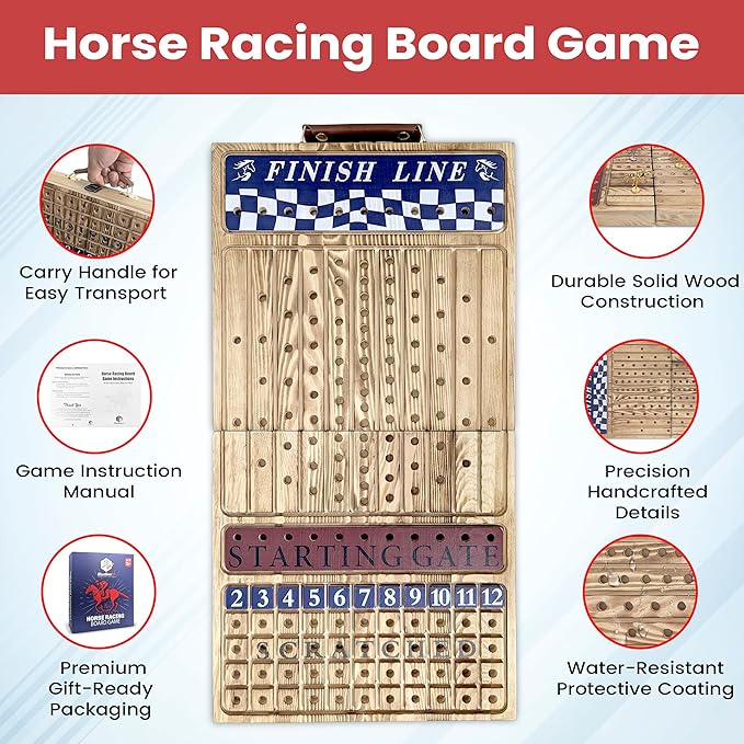 23-Inch Premium Horse Racing Board Game – Foldable Wooden Horse Race Board Game with 11 Numbered Metal Horses, Dice, Cards, and 80 Poker Chips for Parties & Friendly Betting