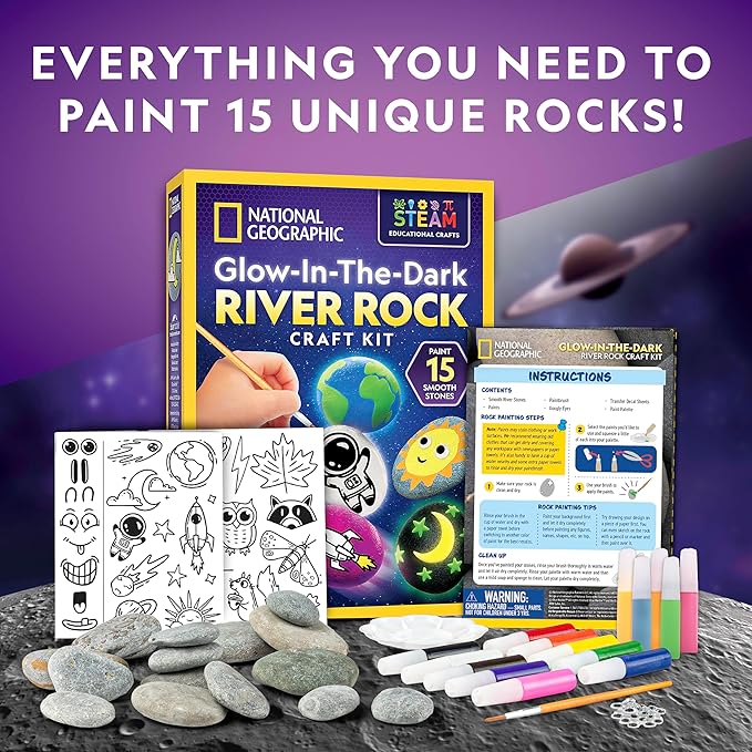 NATIONAL GEOGRAPHIC Glow in the Dark Rock Painting Kit - Arts & Crafts Kit for Kids, Decorate 15 River Rocks with 15 Paint Colors & More Art Supplies, Kids Craft, Art Kit, Kid Activity Kit