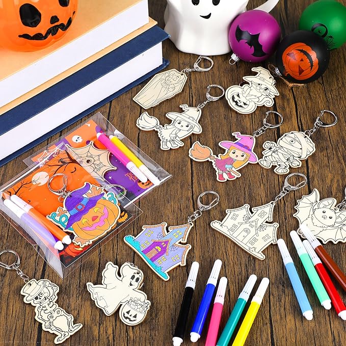 Trnayi 24 Sets Halloween Party Favors Gift Color Your Own Ghost Pumpkin Spider Witch Bat Unfinished Wooden Keychains DIY Crafts for Halloween Birthday Holiday Home Activities