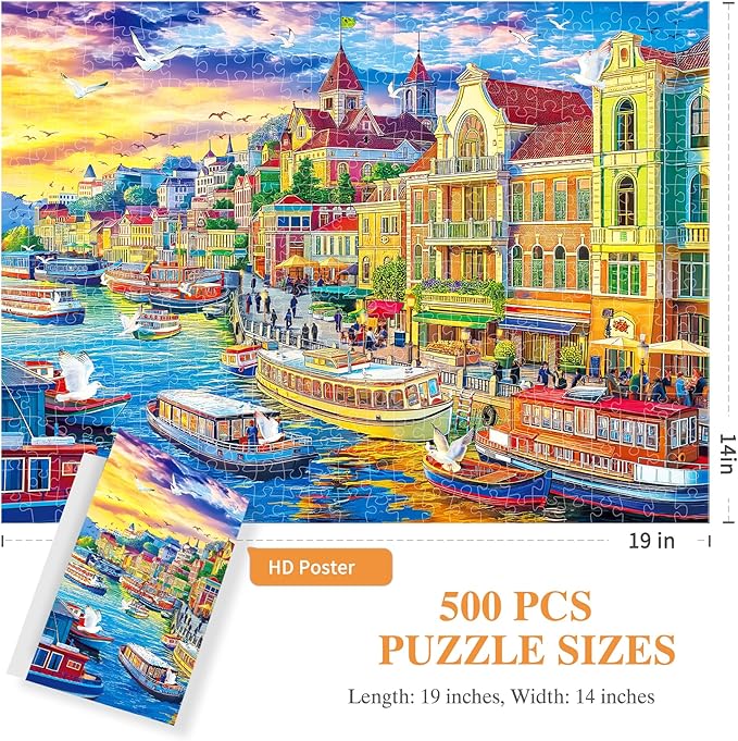 ALL4JIG Harbor City Fun Jigsaw Puzzles for Adults and Kids, 500 Pieces, 19" x 14", Christmas Secret Santa Gift, White Elephant Gifts, Number Partitioned for Easy Solving