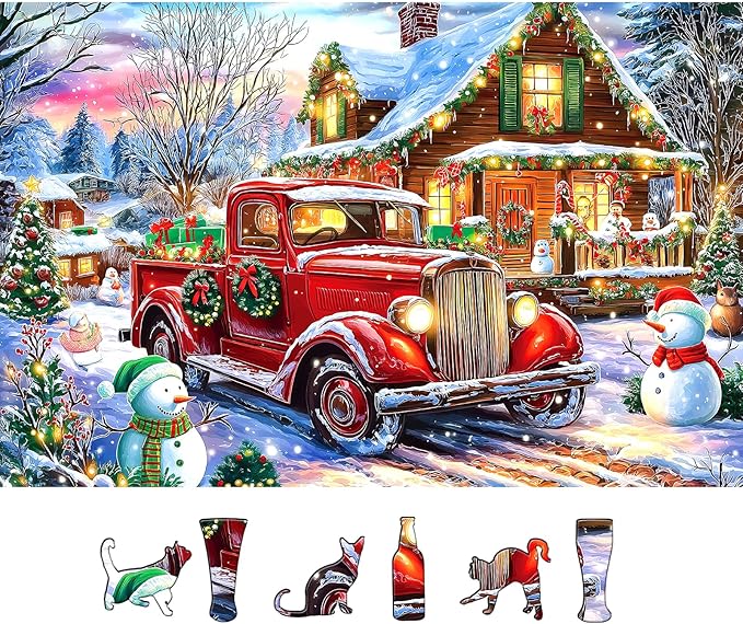 500 Piece Puzzles for Adults Christmas Winter Wonderland Village Cabin Scene with Vintage Truck Snowman & Cozy Cabin at Country Night Festive Jigsaw Puzzle Holiday Lights Festive Gifts for Family