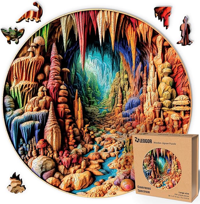 LEOGOR Wooden Jigsaw Puzzles for Adults 350 Pieces (15 × 14.9 in), Cave Puzzle, Extra-Thick 5mm Wood, 3D Vision Mosaic Nature Design, Unique Animal Shapes, Challenging Gift for Adults and Teens