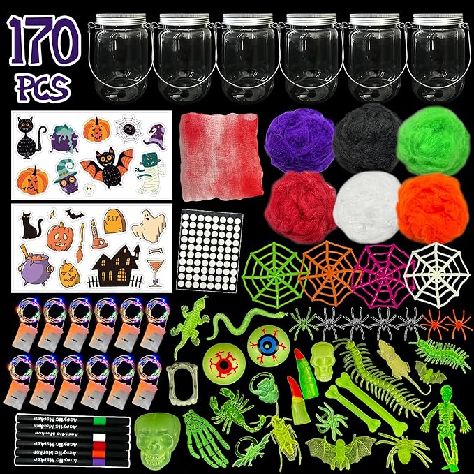 AIVEI 6 Pack Halloween Crafts for Kids Mason Jar with Accessories DIY Lantern Art Crafts Kits, Halloween Activities Toys Gifts for Girls Boys Adults