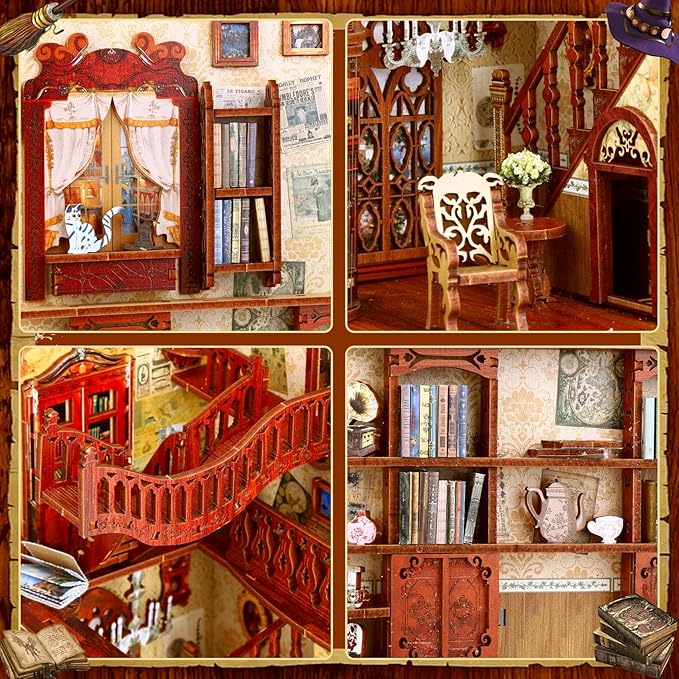 CRIOLPO Book Nook Kit - DIY Doll House Booknook, Book Nook Miniature Kit for Bookshelf Insert Decor Crafts for Adults Teen Halloween, 3D Wooden Puzzle Bookends with Sensor Led Light