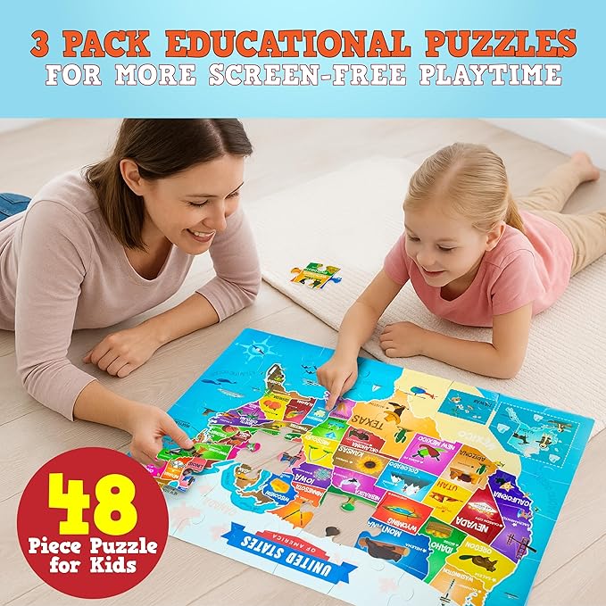 3 Pack Large Floor Puzzles for Kids Ages 3-5– Extra Thick 48 Piece Puzzles for Toddler Ages 4-8 Jumbo Jigsaw Set - Solar System, World Map, USA Map, 3 in 1 Educational Puzzle Preschool, Children