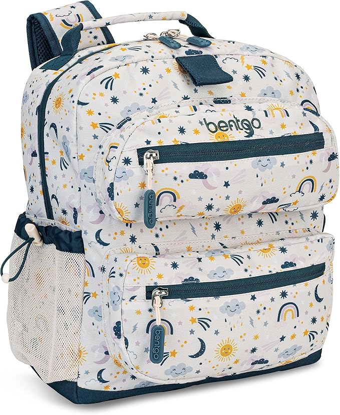 Bentgo Kids Backpack - Lightweight 14” Backpack in Fun Prints for School, Travel, & Daycare, Ideal for Ages 4+, Roomy Interior, Durable & Water-Resistant Fabric, & Loop for Lunch Bag (Friendly Skies)