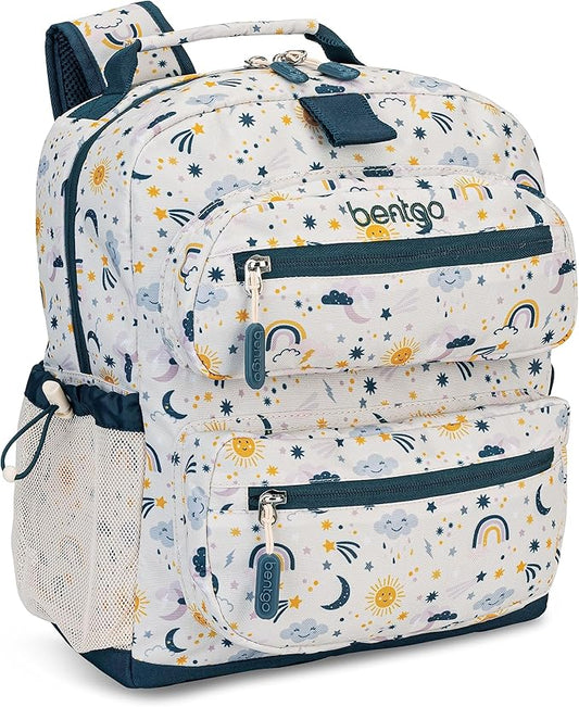 Bentgo Kids Backpack - Lightweight 14” Backpack in Fun Prints for School, Travel, & Daycare, Ideal for Ages 4+, Roomy Interior, Durable & Water-Resistant Fabric, & Loop for Lunch Bag (Friendly Skies)