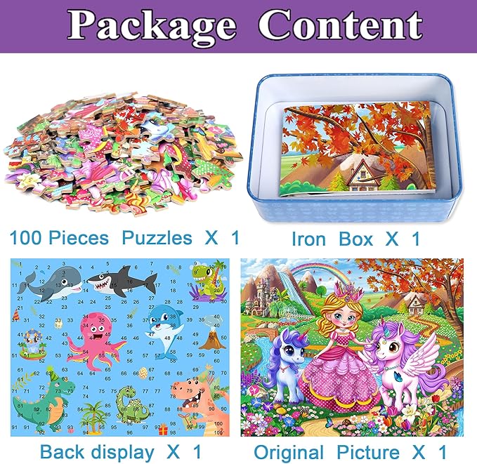 Princess and Unicorns Puzzles for Kids Ages 4-8, 100 Pieces Jigsaw Puzzles for Kids Ages 3-5 Puzzle for Girls and Boys Learning Educational Puzzles Toys in a Metal Box