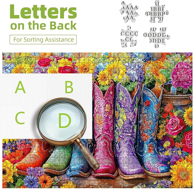 Beautiful Boots and Flowers Puzzles for Adults 1000 Pieces Funny Colorful Vintage Artwork Vibrant Jigsaw Puzzles 1000 Pieces Challenging Family Puzzle with Letters on Back Gift for Boys and Girls