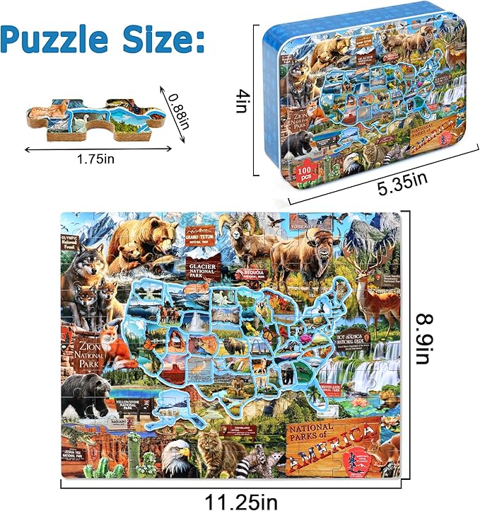 LELEMON Puzzles for Kids Ages 4-6,National Parks Map 100 Piece Puzzles for Kids Ages 4-8 in a Metal Box,Educational Jigsaw Puzzles 100 Piece Puzzle Games Puzzle Toys for Girls and Boys