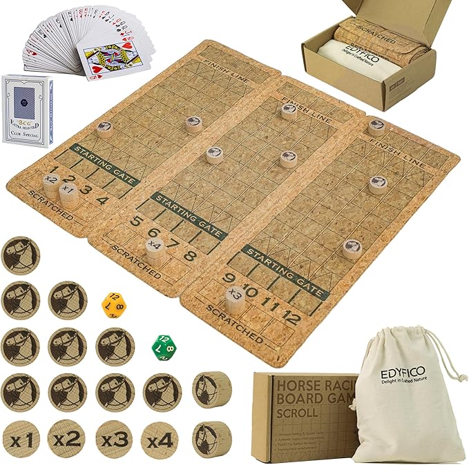 Horse Race Board Game, Portable Horse Racing Game with Rollable Cork Mat, 12 Solid Wooden Horses, 2 D12 & Cards, Travel Horse Game with Storage Bag, Travel Board Games for Family Nights Party Gifts