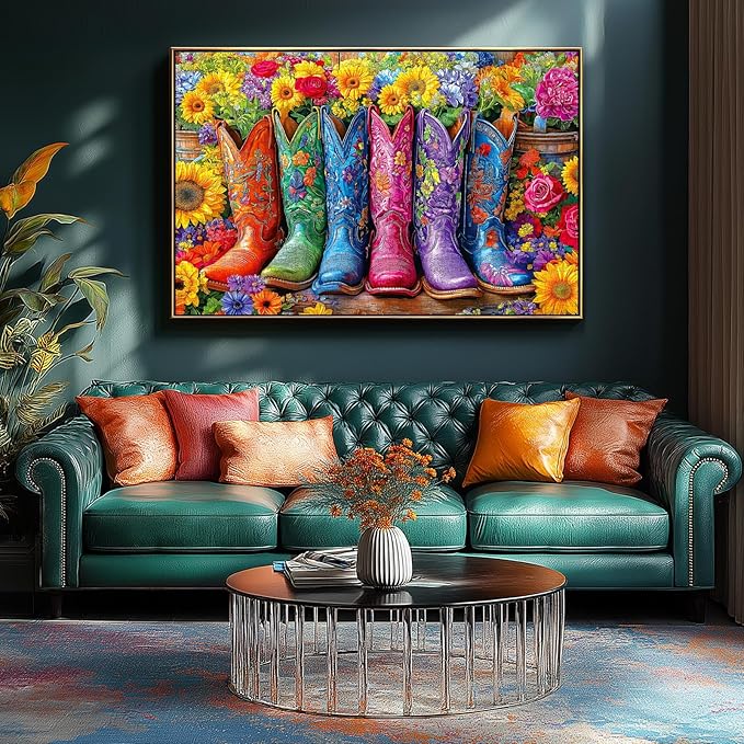 Beautiful Boots and Flowers Puzzles for Adults 1000 Pieces Funny Colorful Vintage Artwork Vibrant Jigsaw Puzzles 1000 Pieces Challenging Family Puzzle with Letters on Back Gift for Boys and Girls
