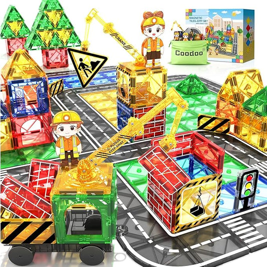 Kids Games Magnetic Tiles Road Set with Extendable Magnetic Crane, City Construction Building Toys for Toddlers STEM Preschool Ages 4-6 5-7, Gifts for 3+ Year Old Boys Girls Kids Toys with Car