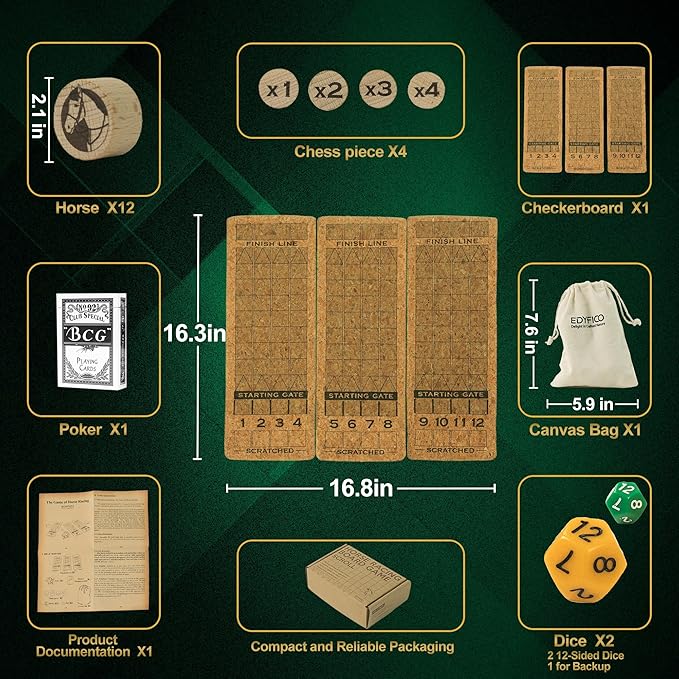 Horse Race Board Game, Portable Horse Racing Game with Rollable Cork Mat, 12 Solid Wooden Horses, 2 D12 & Cards, Travel Horse Game with Storage Bag, Travel Board Games for Family Nights Party Gifts