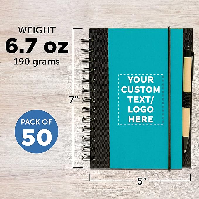DISCOUNT PROMOS Custom Eco-Friendly Spiral Notebooks with Pens – Set of 50, Perfect for Mother’s Day Gift – Bulk Pack for School, Office, or Home – Black